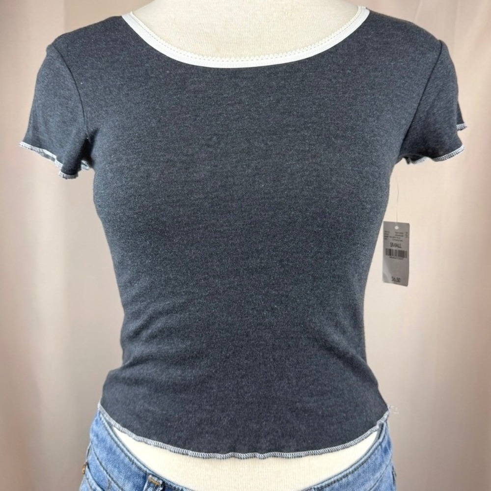 NWT WET SEAL Baby Tee (S) T-Shirt Tiny Gray Stretch Contrast Edging Twee Kidcore